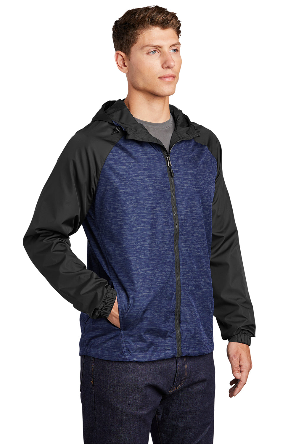 Sport-Tek JST40 Mens Wind & Water Resistant Full Zip Hooded Jacket Heather True Royal Blue/Black Model 3q