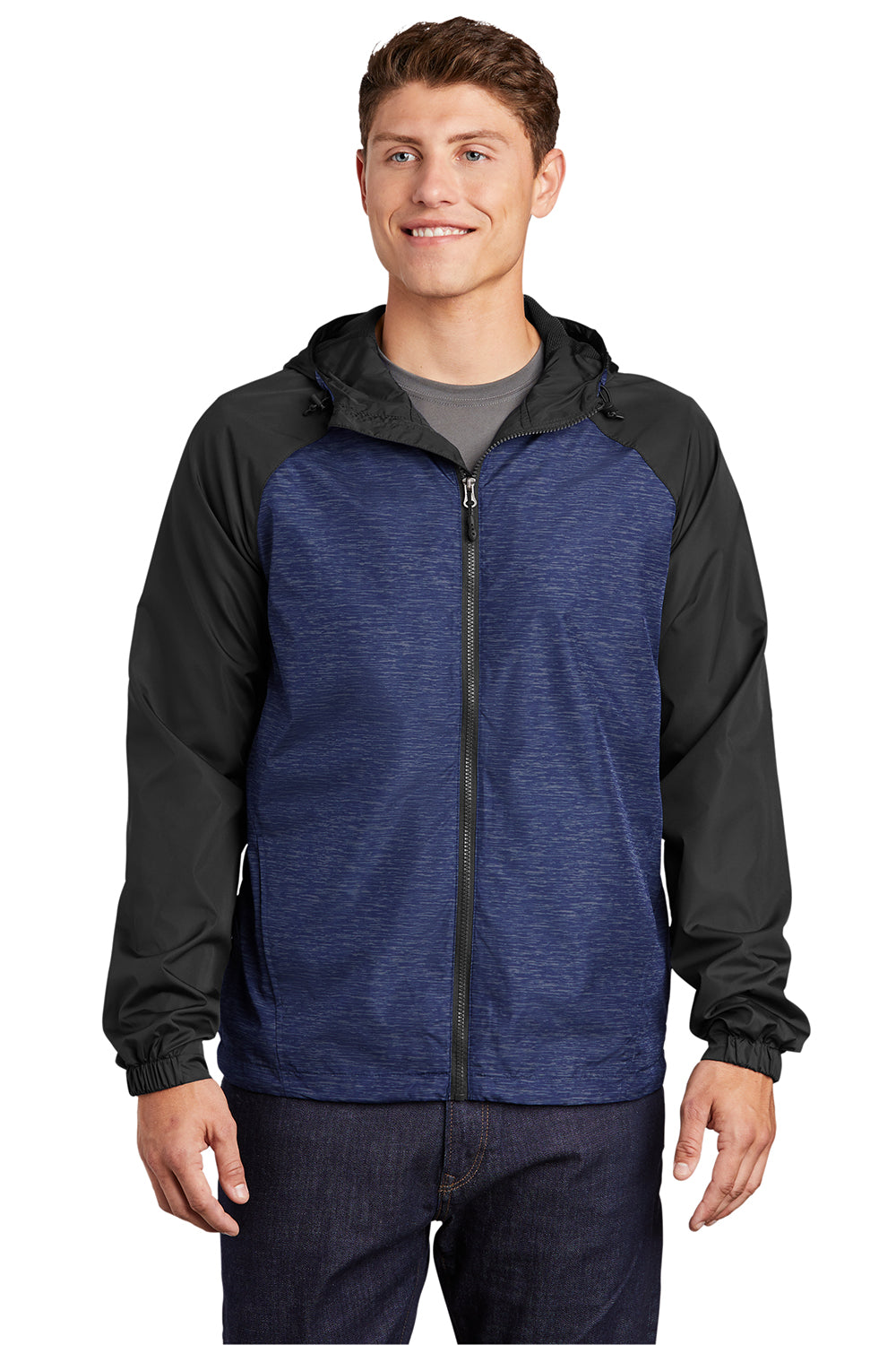 Sport-Tek JST40 Mens Wind & Water Resistant Full Zip Hooded Jacket Heather True Royal Blue/Black Model Front