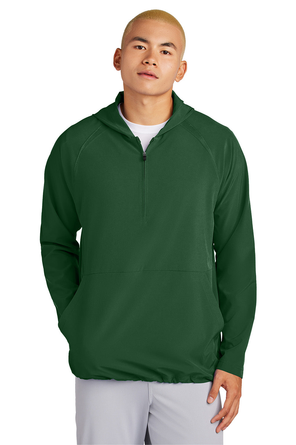 Sport-Tek JST488 Mens Repeat 1/4 Zip Hooded Jacket Forest Green Model Front