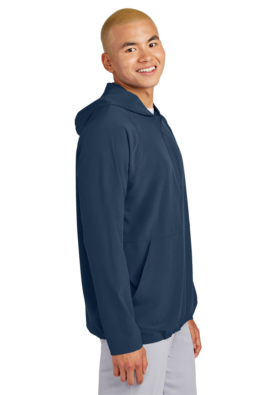 Sport-Tek JST488 Mens Repeat 1/4 Zip Hooded Jacket True Navy Blue Model Side