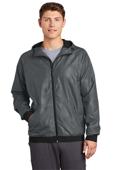 Sport-Tek JST53 Mens Wind & Water Resistant Full Zip Hooded Jacket Graphite Grey/Black Model Front