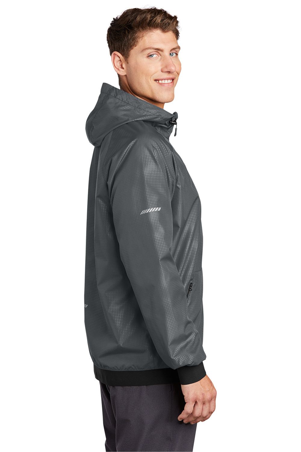 Sport-Tek JST53 Mens Wind & Water Resistant Full Zip Hooded Jacket Graphite Grey/Black Model Side