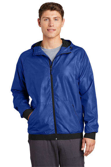 Sport-Tek JST53 Mens Wind & Water Resistant Full Zip Hooded Jacket True Royal Blue/Black Model Front