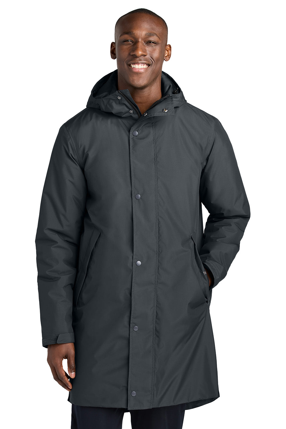 Sport-Tek JST55 Mens Waterproof Insulated Sideline Full Zip Hooded Parka Graphite Grey Model Front