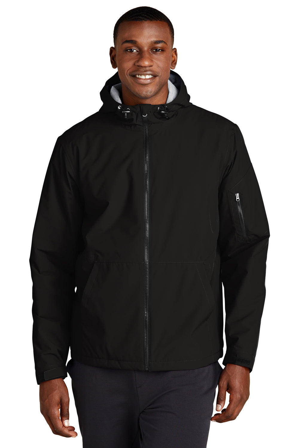 Sport-Tek JST56 Mens Waterproof Insulated Full Zip Hooded Jacket Black Model Front