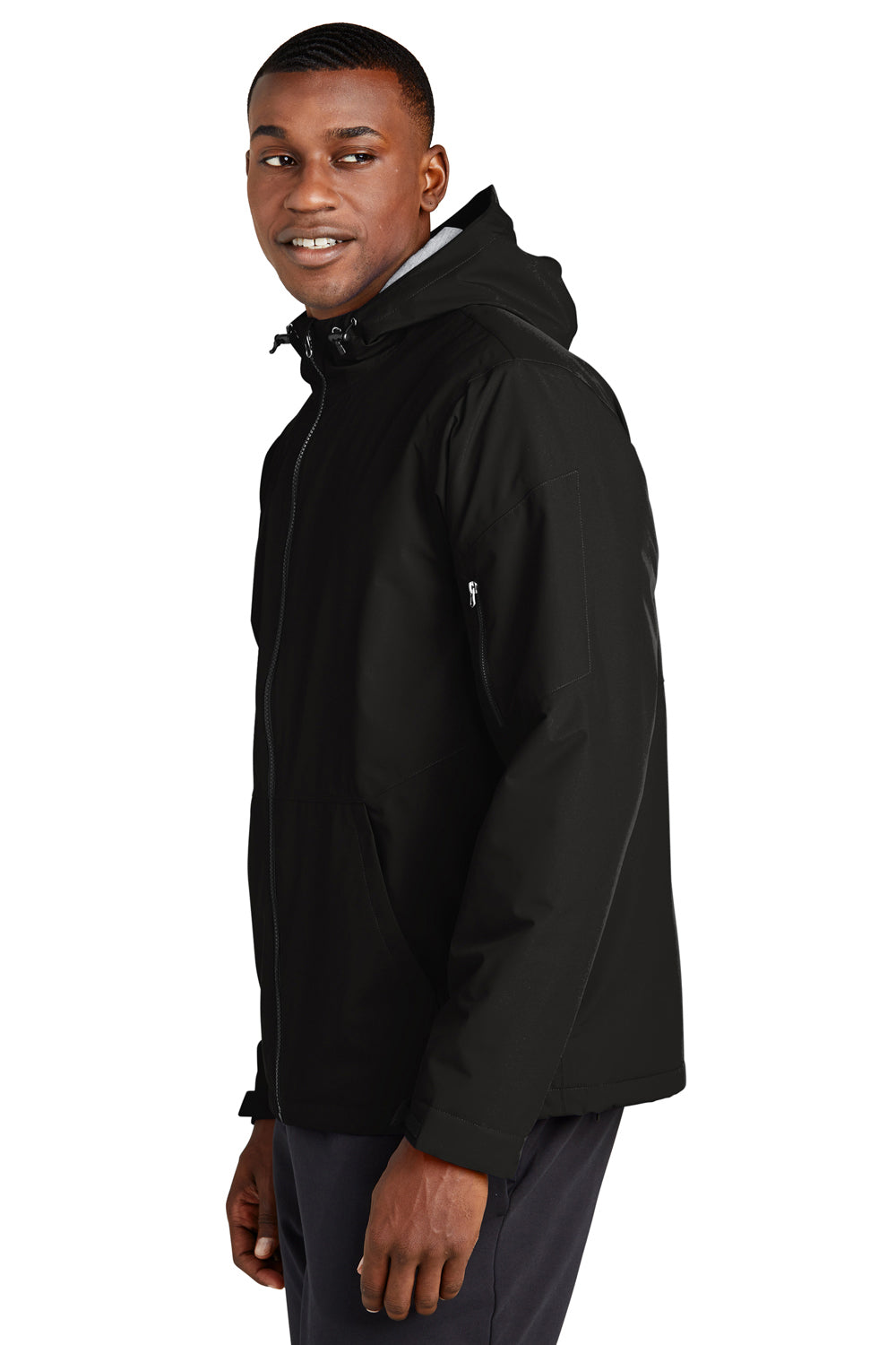 Sport-Tek JST56 Mens Waterproof Insulated Full Zip Hooded Jacket Black Model Side