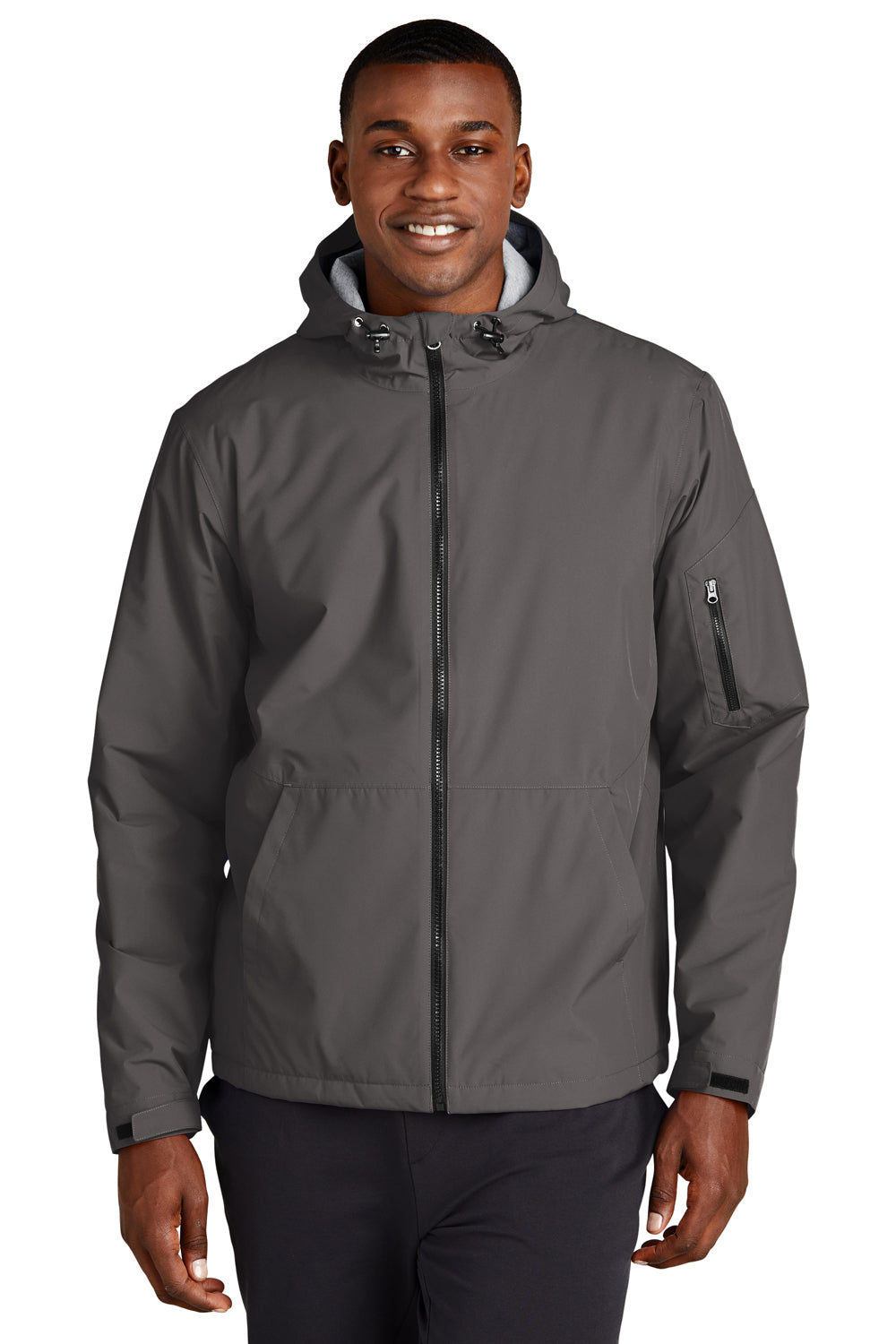 Sport-Tek JST56 Mens Waterproof Insulated Full Zip Hooded Jacket Graphite Grey Model Front