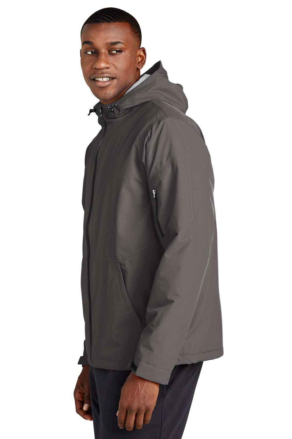 Sport-Tek JST56 Mens Waterproof Insulated Full Zip Hooded Jacket Graphite Grey Model Side