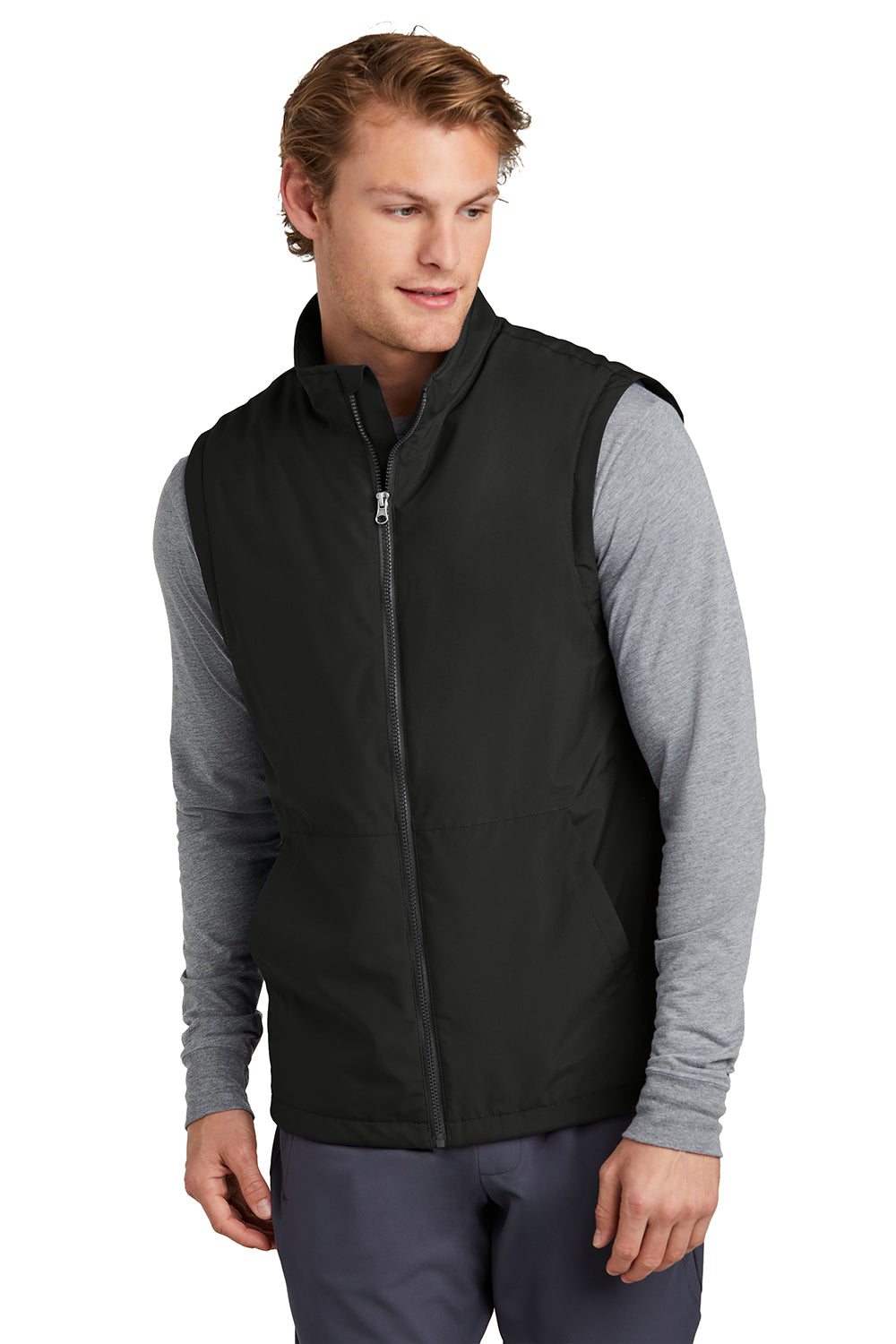 Sport-Tek JST57 Mens Water Resistant Insulated Full Zip Vest Black Model Front