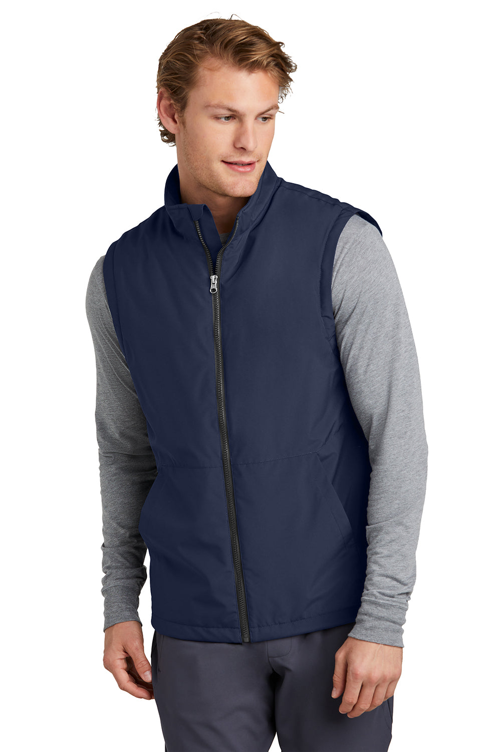 Sport-Tek JST57 Mens Water Resistant Insulated Full Zip Vest True Navy Blue Model Front