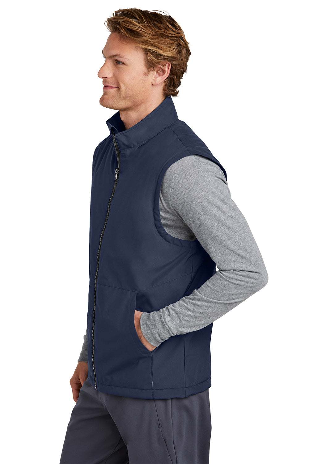 Sport-Tek JST57 Mens Water Resistant Insulated Full Zip Vest True Navy Blue Model Side