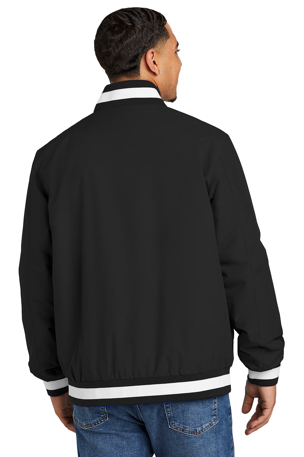 Sport-Tek JST58 Mens Water Resistant Snap Down Varsity Jacket Black Model Back