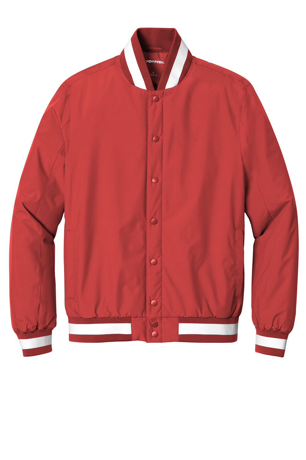 Sport-Tek JST58 Mens Water Resistant Snap Down Varsity Jacket Deep Red Flat Front