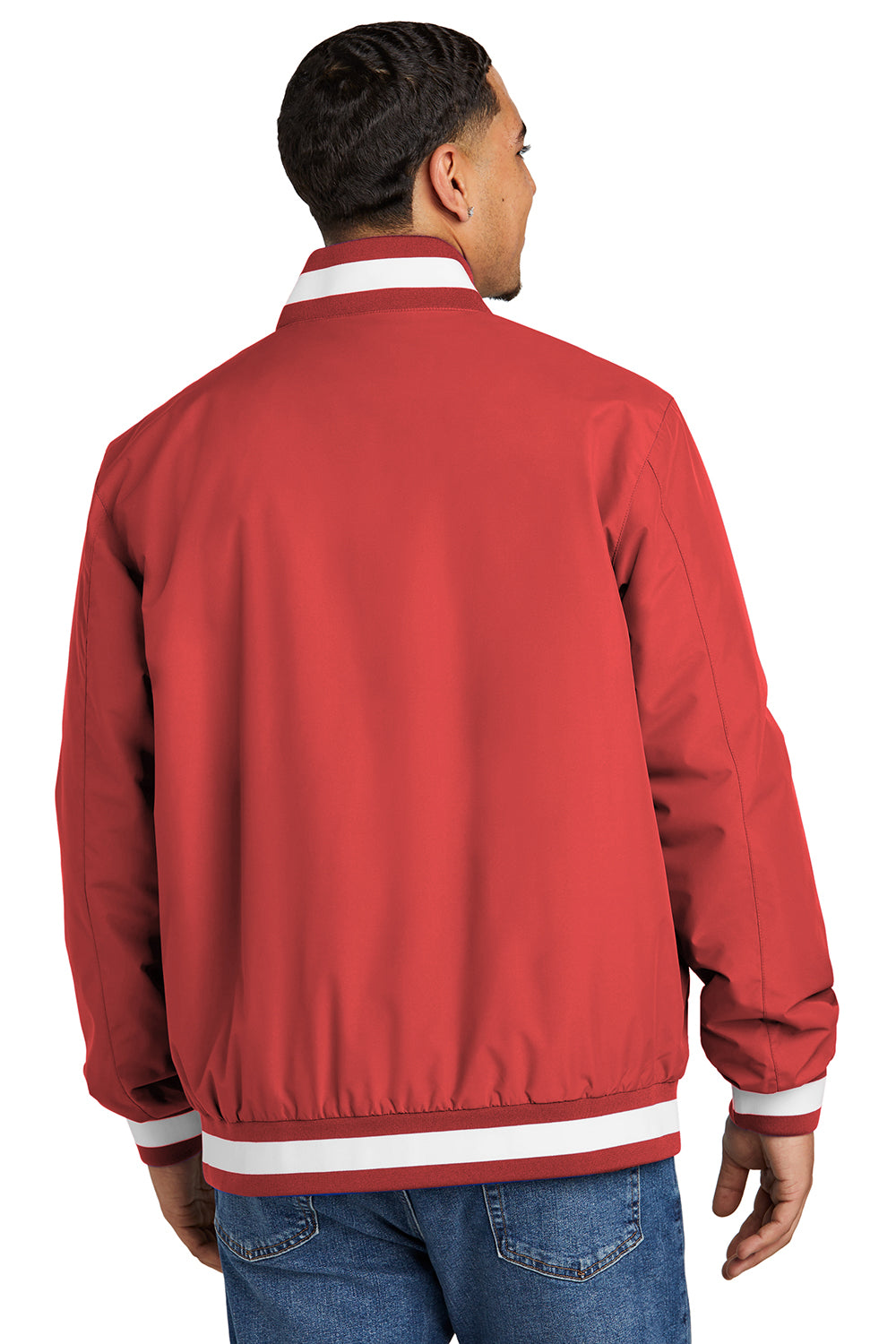 Sport-Tek JST58 Mens Water Resistant Snap Down Varsity Jacket Deep Red Model Back