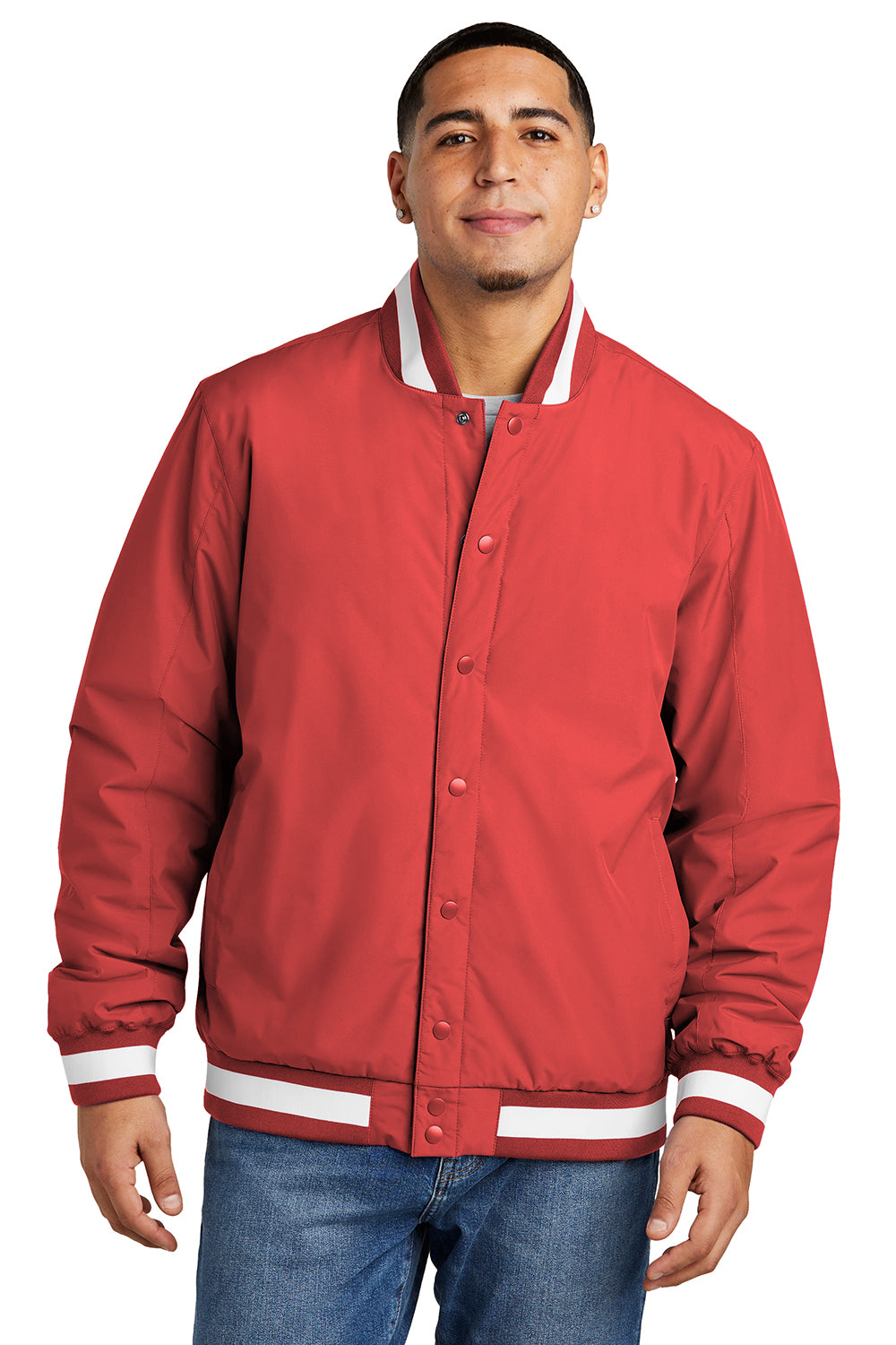 Sport-Tek JST58 Mens Water Resistant Snap Down Varsity Jacket Deep Red Model Front