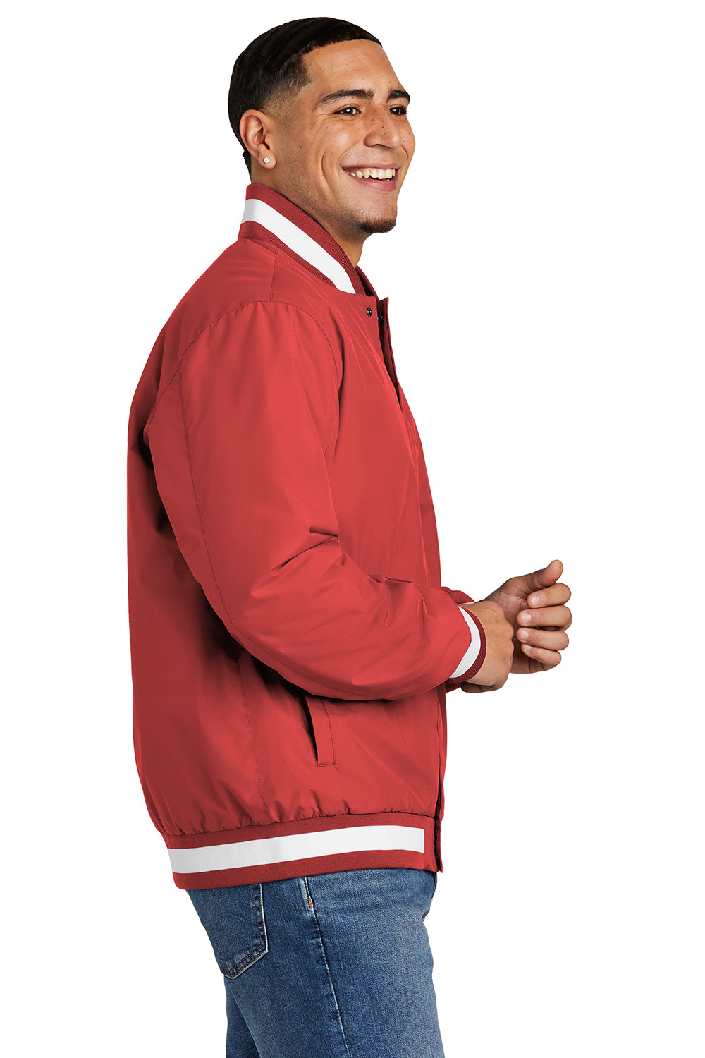 Sport-Tek JST58 Mens Water Resistant Snap Down Varsity Jacket Deep Red Model Side