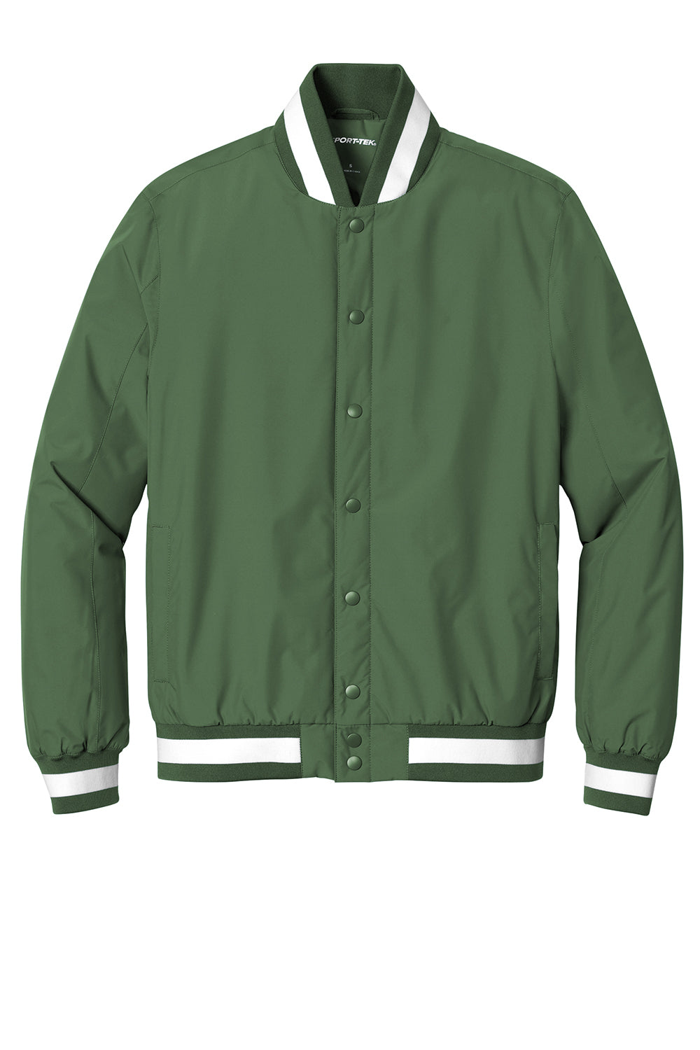 Sport-Tek JST58 Mens Water Resistant Snap Down Varsity Jacket Forest Green Flat Front