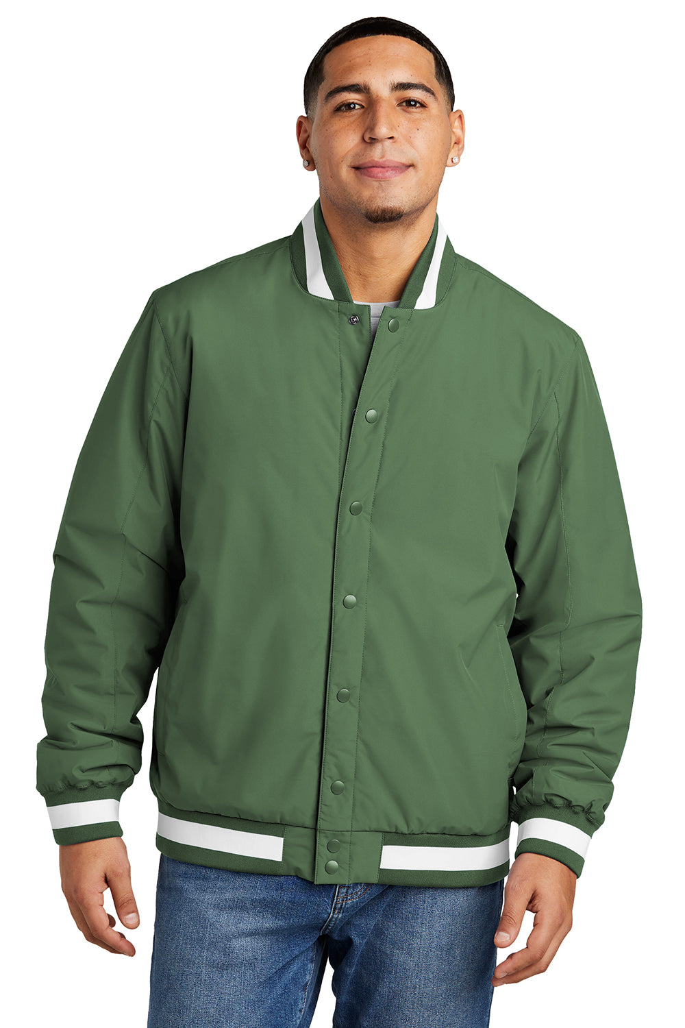 Sport-Tek JST58 Mens Water Resistant Snap Down Varsity Jacket Forest Green Model Front