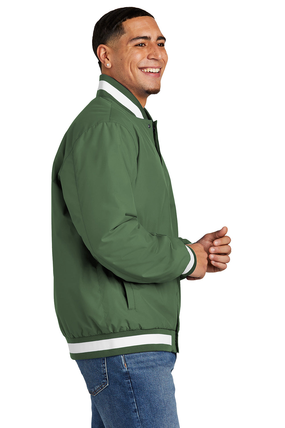 Sport-Tek JST58 Mens Water Resistant Snap Down Varsity Jacket Forest Green Model Side