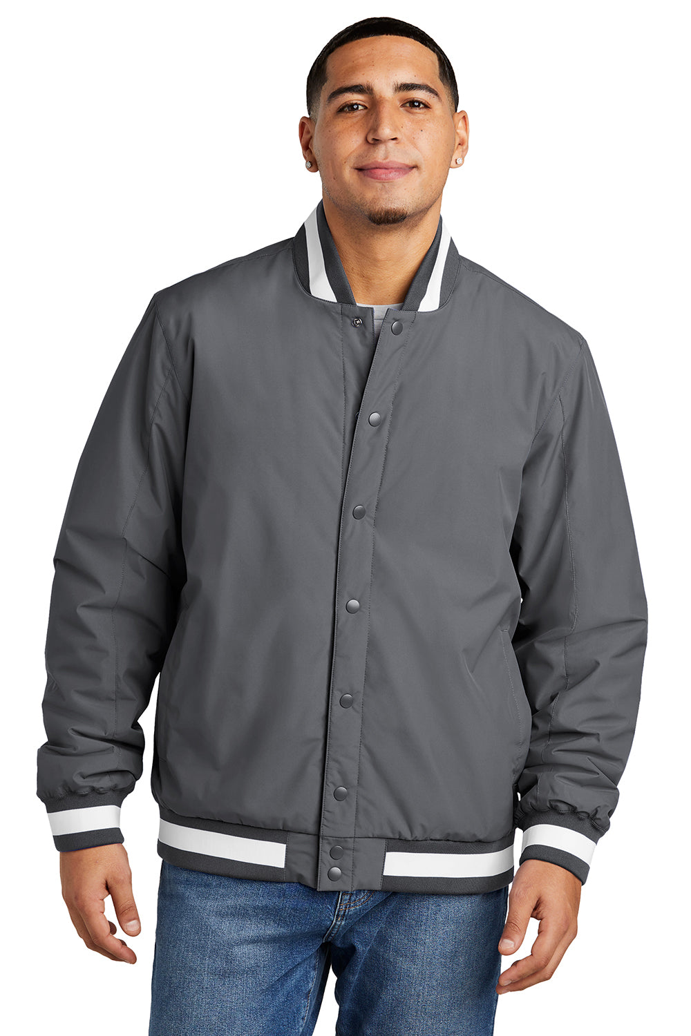 Sport-Tek JST58 Mens Water Resistant Snap Down Varsity Jacket Graphite Grey Model Front