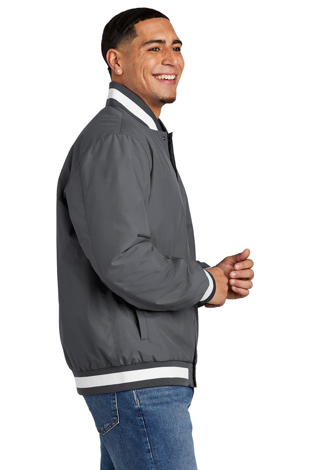 Sport-Tek JST58 Mens Water Resistant Snap Down Varsity Jacket Graphite Grey Model Side