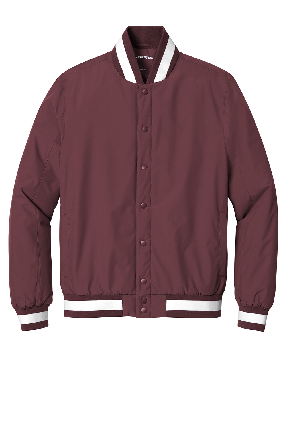 Sport-Tek JST58 Mens Water Resistant Snap Down Varsity Jacket Maroon Flat Front