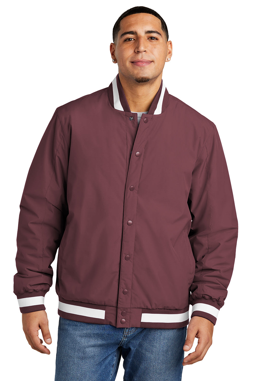 Sport-Tek JST58 Mens Water Resistant Snap Down Varsity Jacket Maroon Model Front