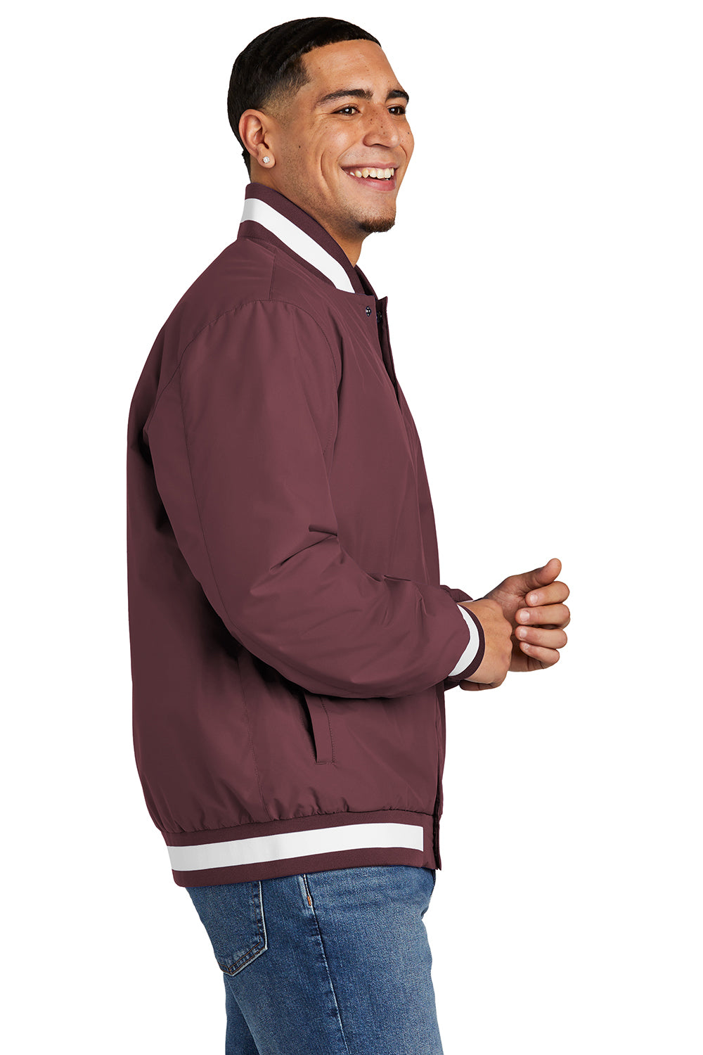 Sport-Tek JST58 Mens Water Resistant Snap Down Varsity Jacket Maroon Model Side