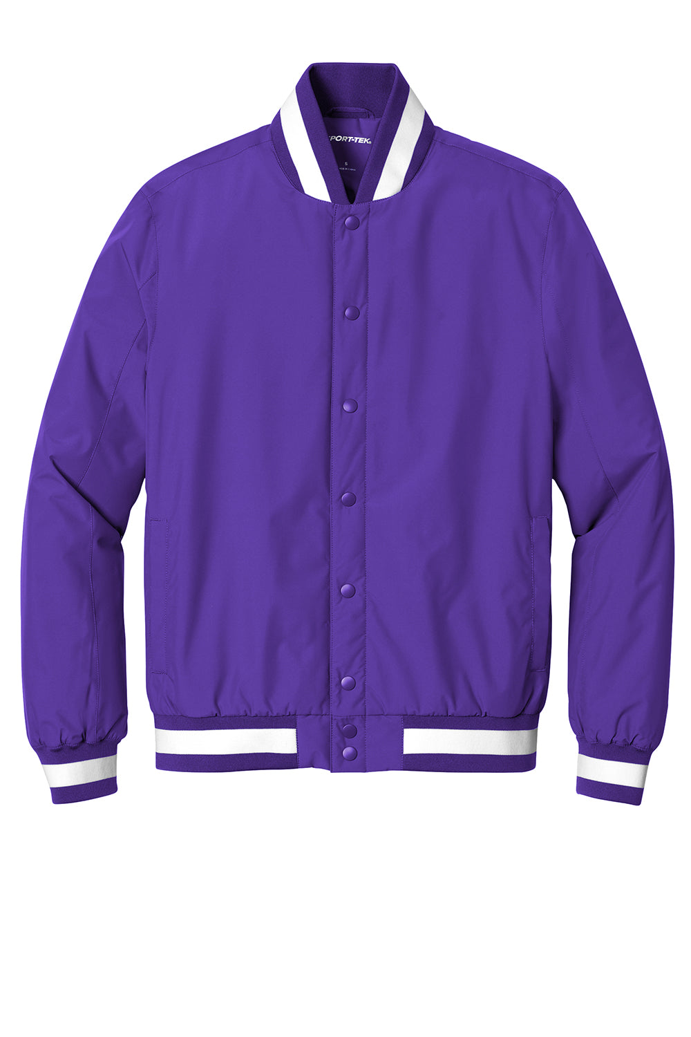 Sport-Tek JST58 Mens Water Resistant Snap Down Varsity Jacket Purple Flat Front