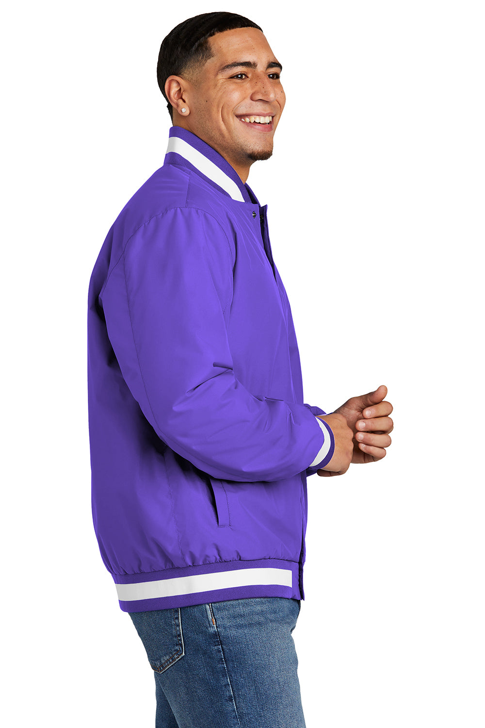 Sport-Tek JST58 Mens Water Resistant Snap Down Varsity Jacket Purple Model Side