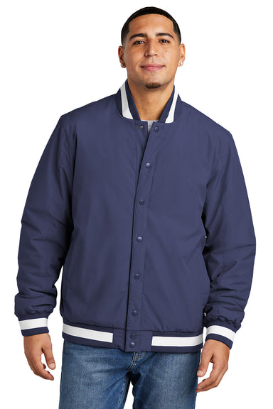 Sport-Tek JST58 Mens Water Resistant Snap Down Varsity Jacket True Navy Blue Model Front