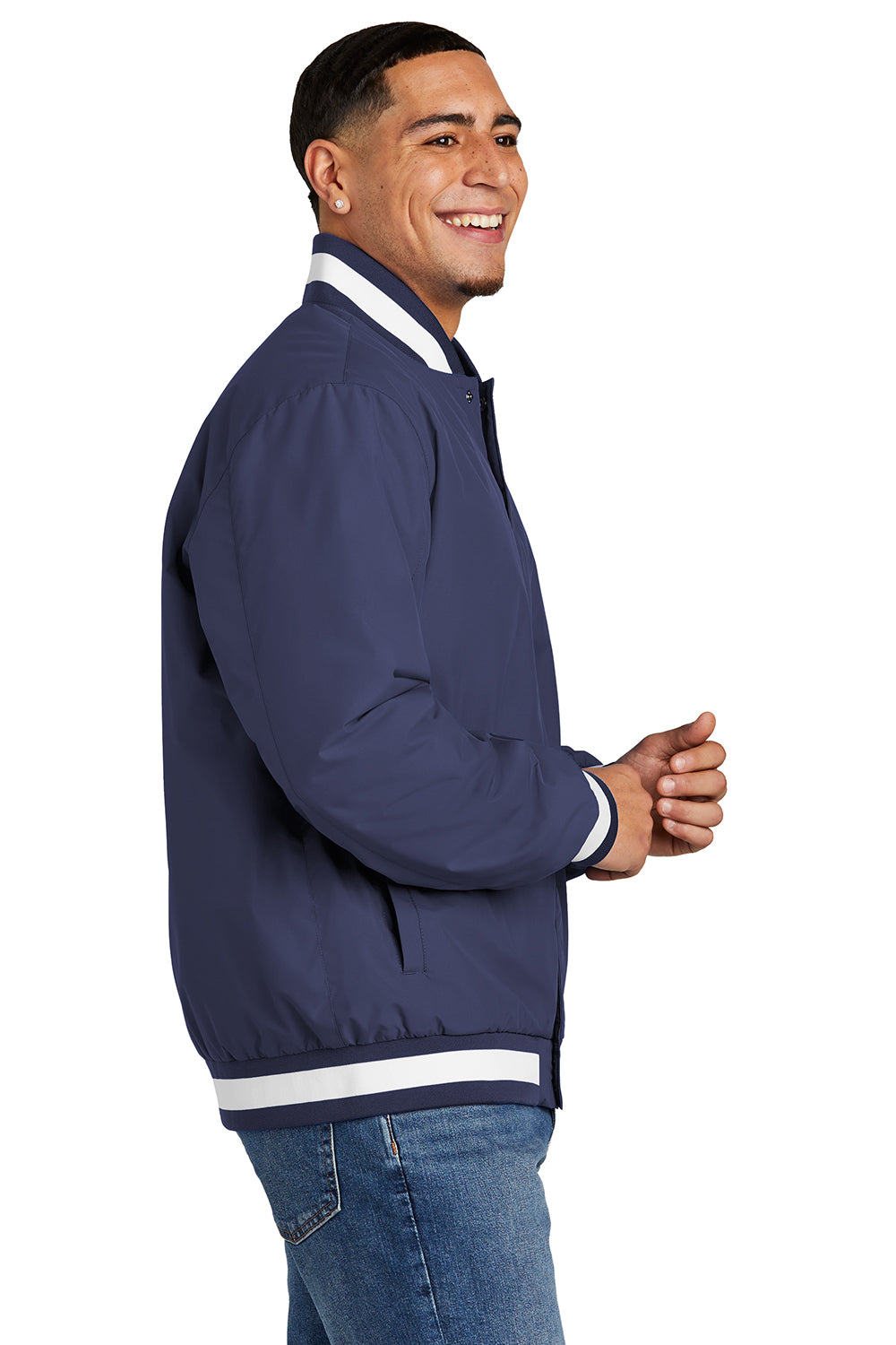 Sport-Tek JST58 Mens Water Resistant Snap Down Varsity Jacket True Navy Blue Model Side