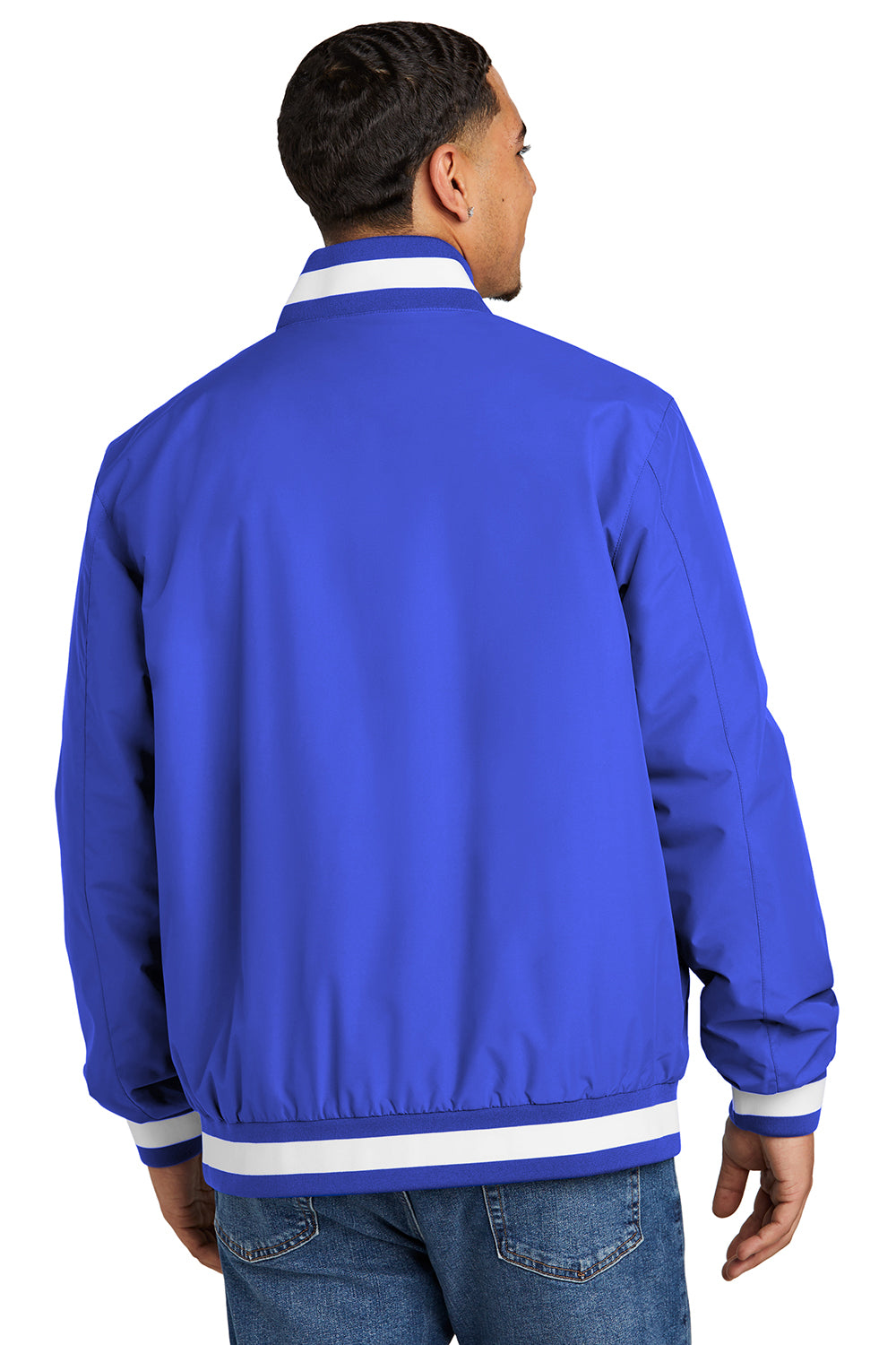 Sport-Tek JST58 Mens Water Resistant Snap Down Varsity Jacket True Royal Blue Model Back