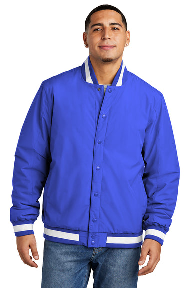 Sport-Tek JST58 Mens Water Resistant Snap Down Varsity Jacket True Royal Blue Model Front