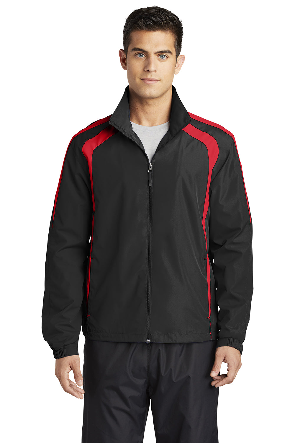 Sport-Tek JST60 Mens Water Resistant Full Zip Jacket Black/True Red Model Front