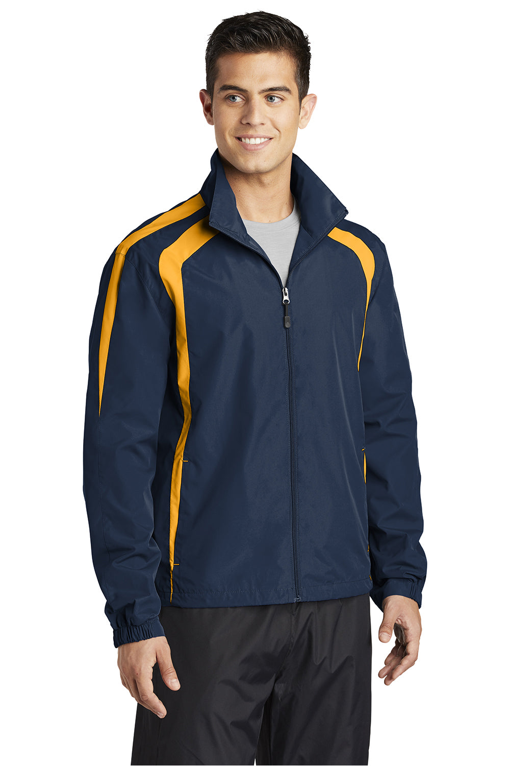 Sport-Tek JST60 Mens Water Resistant Full Zip Jacket True Navy Blue/Gold Model 3q