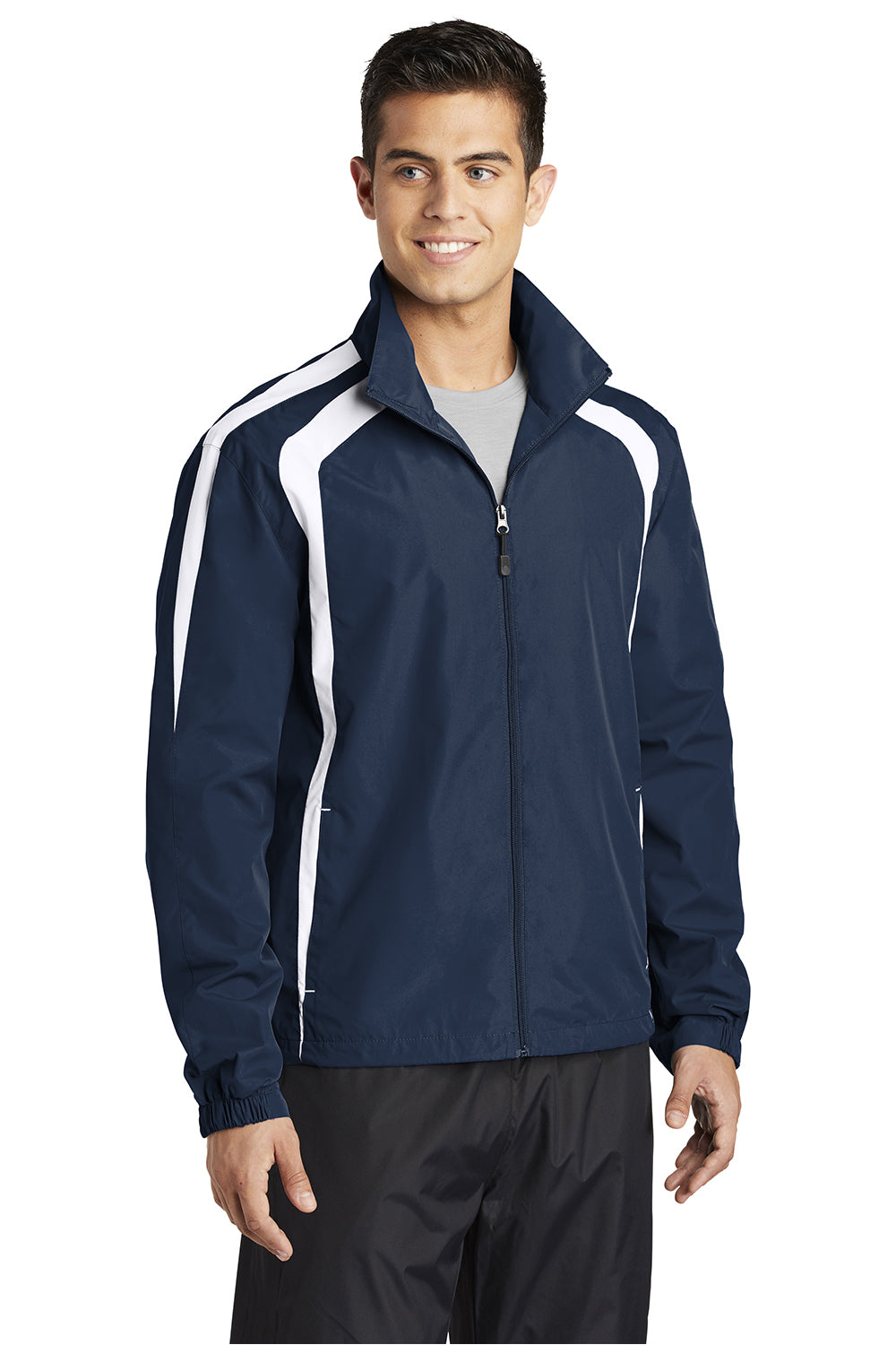 Sport-Tek JST60 Mens Water Resistant Full Zip Jacket True Navy Blue/White Model 3q