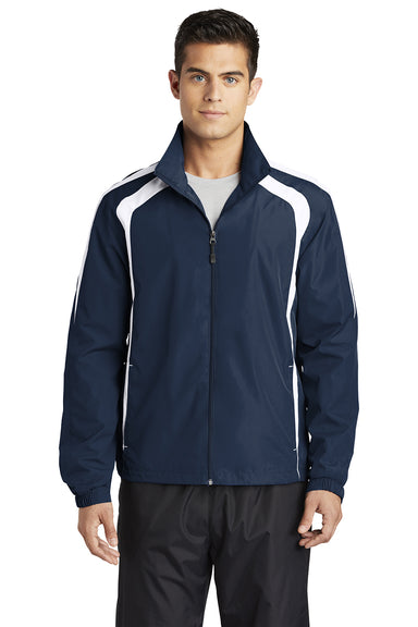 Sport-Tek JST60 Mens Water Resistant Full Zip Jacket True Navy Blue/White Model Front