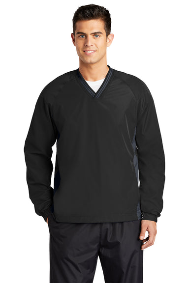 Sport-Tek JST62 Mens Water Resistant V-Neck Jacket Black/Graphite Grey Model Front