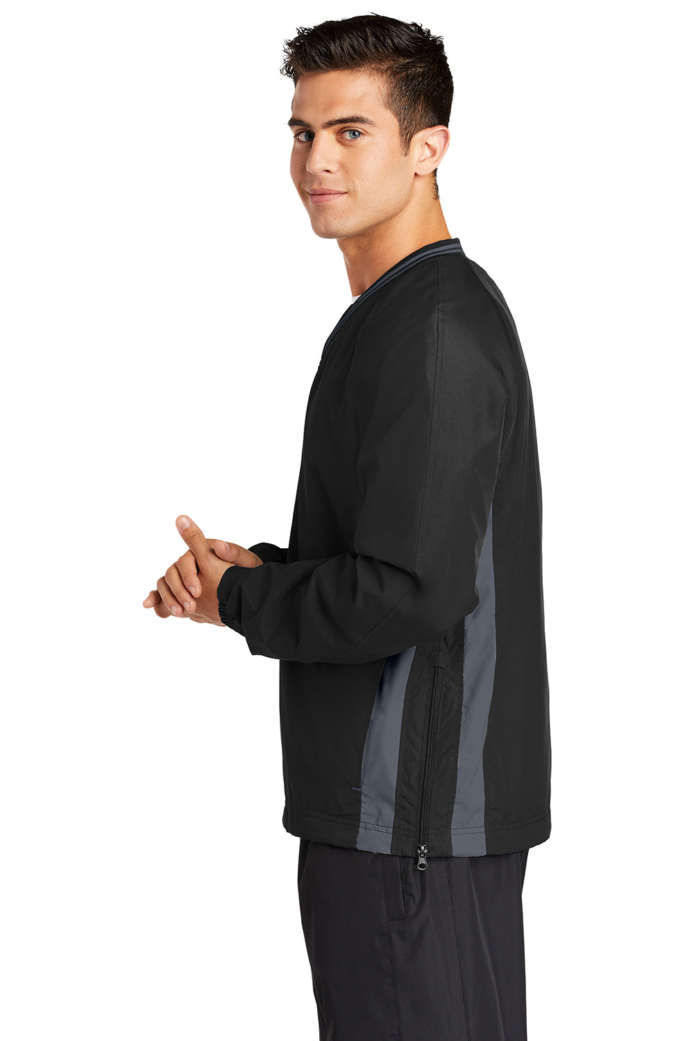 Sport-Tek JST62 Mens Water Resistant V-Neck Jacket Black/Graphite Grey Model Side