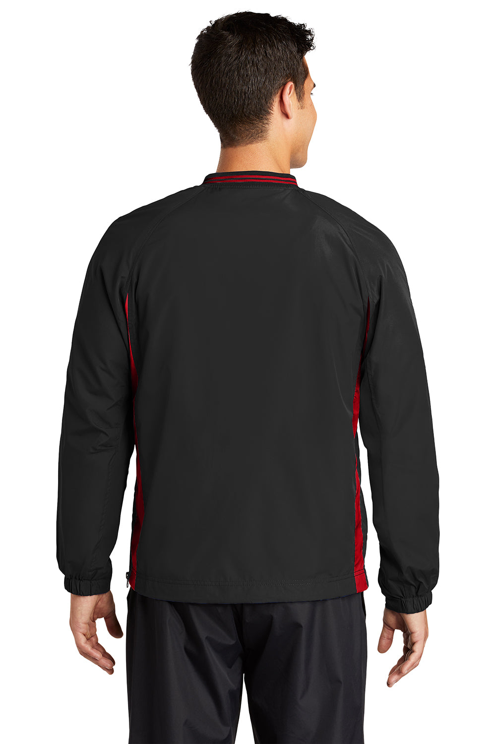 Sport-Tek JST62 Mens Water Resistant V-Neck Jacket Black/True Red Model Back