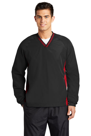 Sport-Tek JST62 Mens Water Resistant V-Neck Jacket Black/True Red Model Front