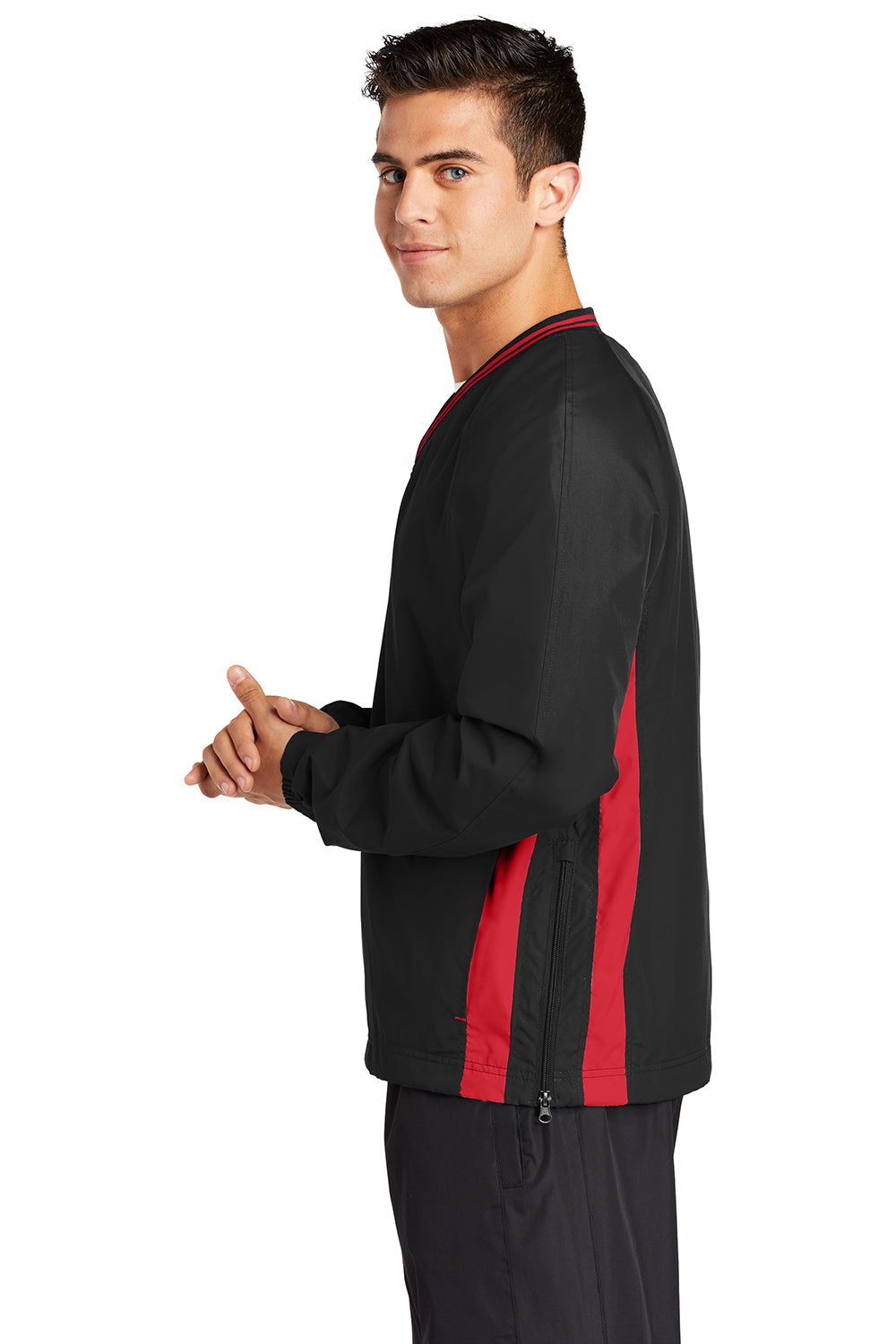 Sport-Tek JST62 Mens Water Resistant V-Neck Jacket Black/True Red Model Side