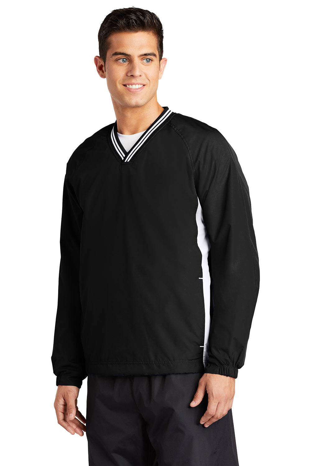 Sport-Tek JST62 Mens Water Resistant V-Neck Jacket Black/White Model 3q