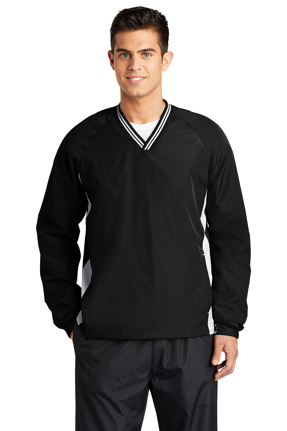 Sport-Tek JST62 Mens Water Resistant V-Neck Jacket Black/White Model Front