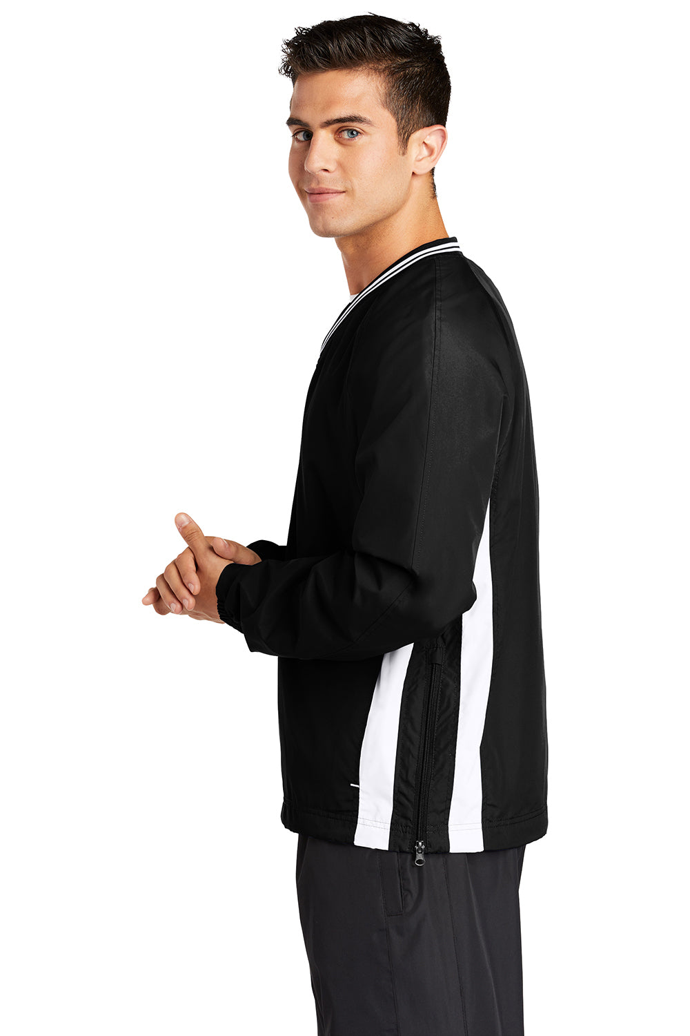 Sport-Tek JST62 Mens Water Resistant V-Neck Jacket Black/White Model Side