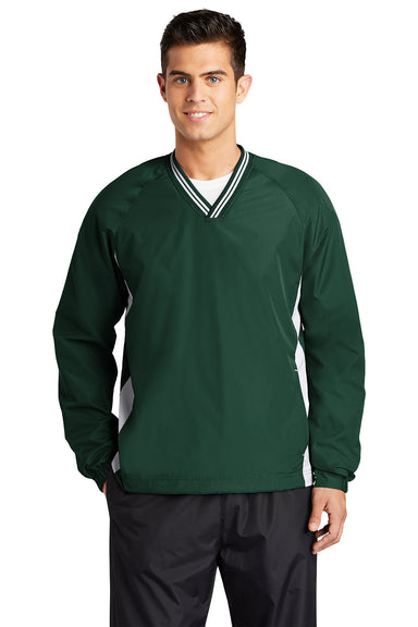 Sport-Tek JST62 Mens Water Resistant V-Neck Jacket Forest Green/White Model Front