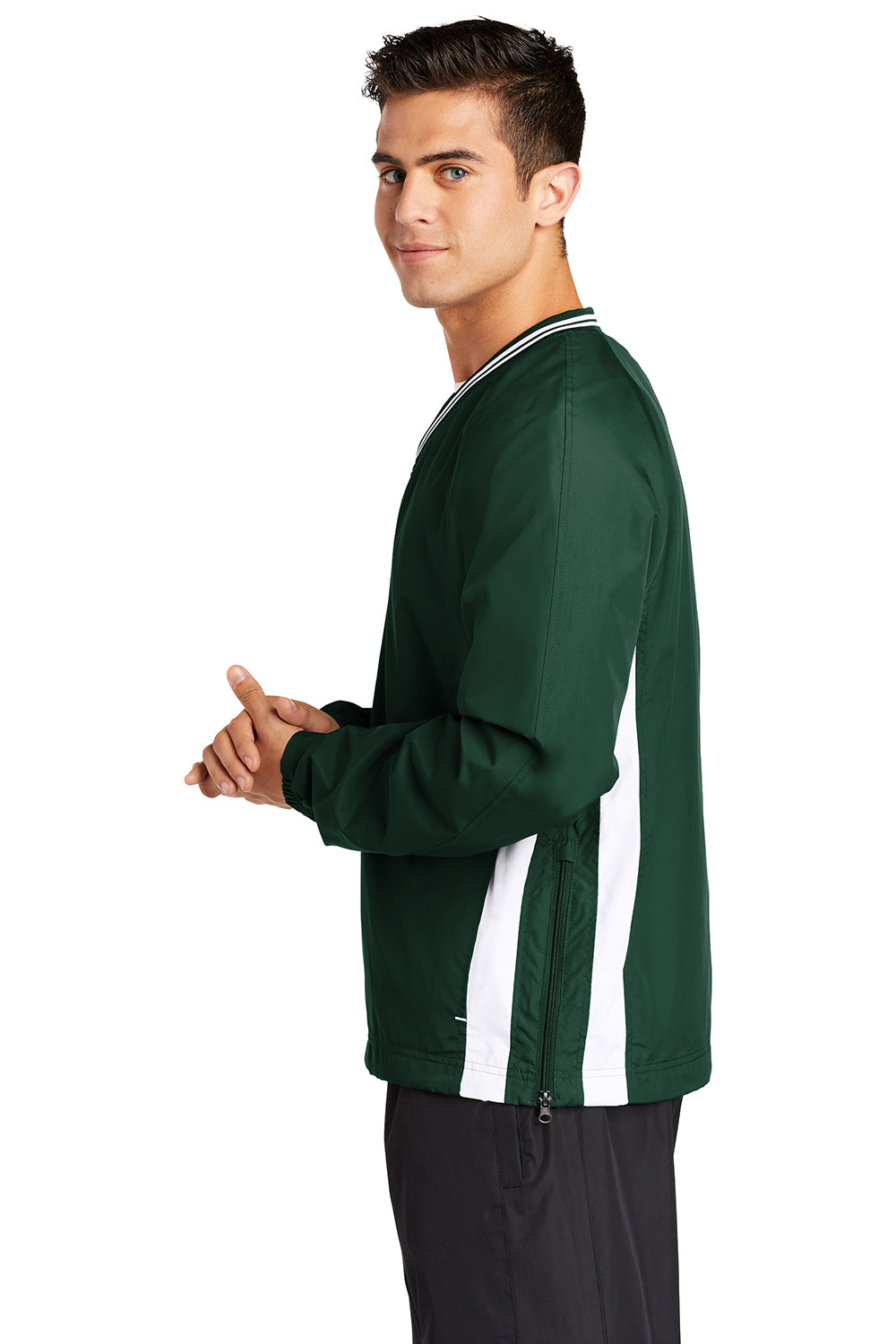 Sport-Tek JST62 Mens Water Resistant V-Neck Jacket Forest Green/White Model Side