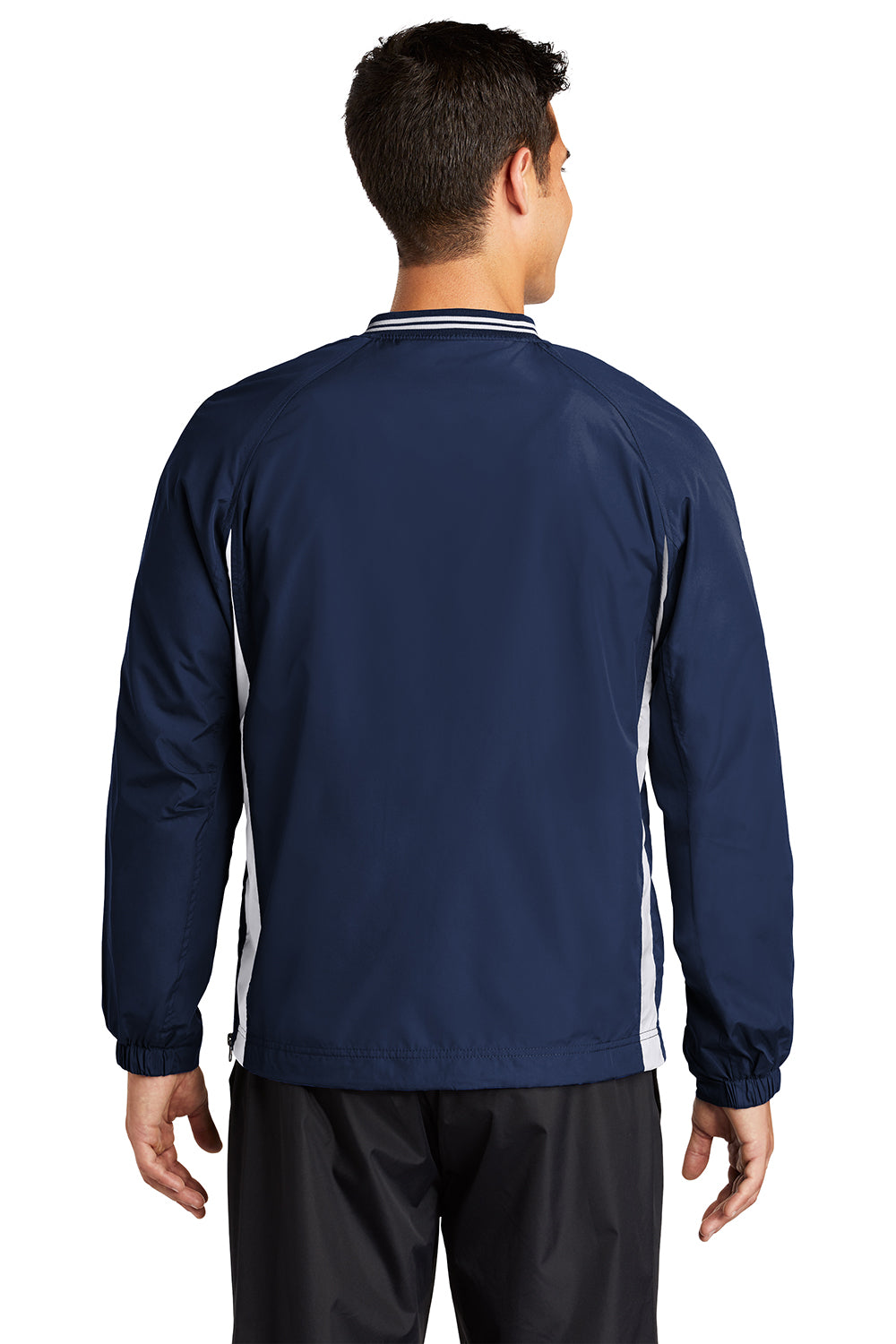 Sport-Tek JST62 Mens Water Resistant V-Neck Jacket True Navy Blue/White Model Back