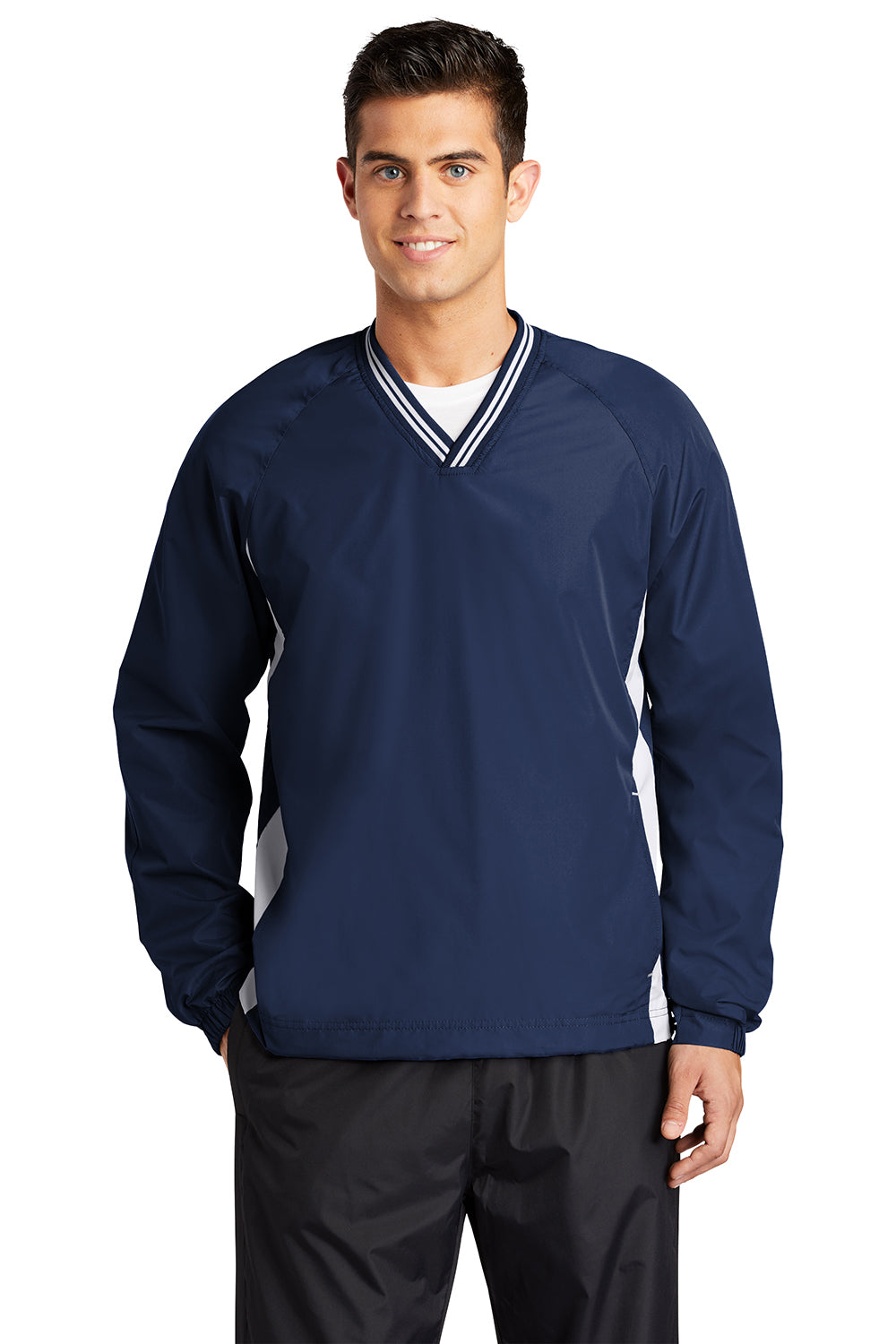 Sport-Tek JST62 Mens Water Resistant V-Neck Jacket True Navy Blue/White Model Front